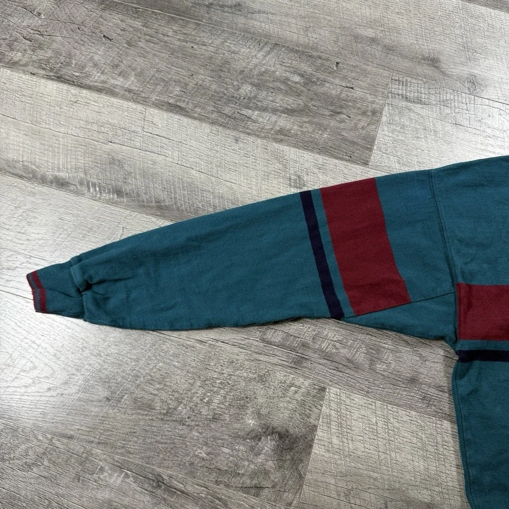 VNTG 80s LL Bean Large Green Blue‎ Knit Sweater  Pullover Mock Neck Made In USA